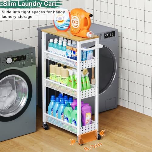 4 Tier Slim Rolling Cart with Wheels for Between Washer and Dryer Storage