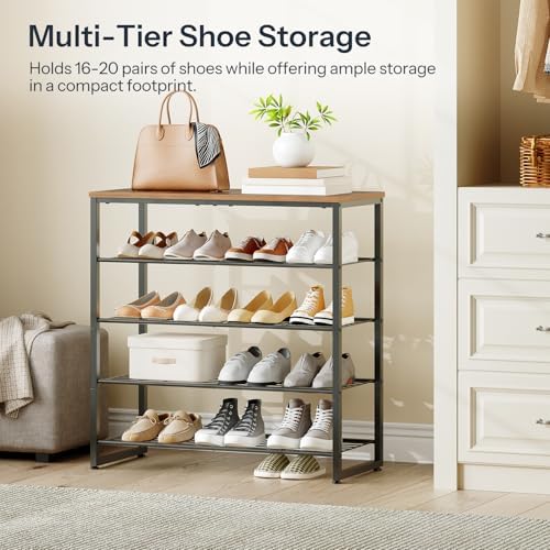HOOBRO Shoe Rack, 5-Tier Narrow Shoe Organizer for Entryway, Holds 16-20 Pairs of Shoes, Metal Shoe Shelf with Removable Tier, Adjustable Feet, for Closet and Hallway, Rustic Brown and Black BF59XJ01