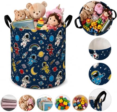 MAIZMZ Kids Storage Bin Astronaut Space Hamper,15.7" D x 19.7" H Waterproof Linen Laundry Basket with Leather Handles for Boys Room, Gifts