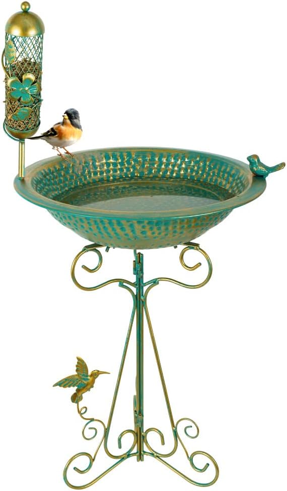 dreamysoul Bird Bath 13" Dia Bowl, Metal Birdbath with Mesh Feeder, Pedestal Bird Baths for Outside Outdoors Garden Patio Yard