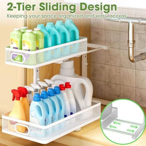 Under Sink Organizer 4-Pack, Metal 2-Tier Pull-Out Cabinet Shelf with Slide-Out Mesh Drawers, Height Adjustable, Space-Saving Storage Racks for Kitchen, Bathroom, Laundry Room, White