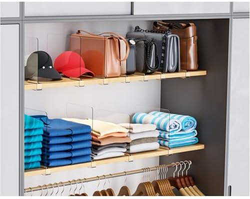 Yieach 6 Pack Acrylic Shelf Dividers for Closet Organization,Towel,Sweater,Purse Organizer - Adjustable Height - Vertical Shelf Separators for T Shirt,Clear Closet Shelf Divider for Wood Shelves