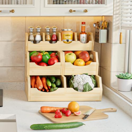 Upgraded 3-Tier Bamboo Pantry Storage Bins, Ventilated Stackable Potato & Onion Organizer w/ Spice Tray & 3 Veggies Baskets for Kitchen, Pantry, Bathroom & Living Room