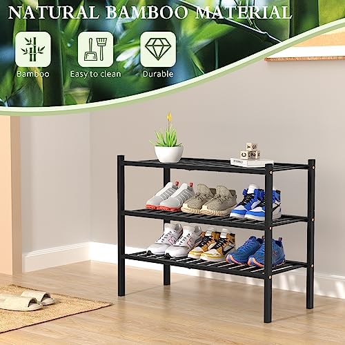 ROMGUAR CRAFT 3 Tier Bamboo Shoe Rack for Closet Free Standing Wood Shoe Shelf Storage Organizer for Entryway Small Space Stackable 27"x11"x20" (Black)