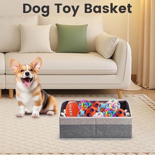 Large Dog Toy Basket with Handle, Foldable Dog Toy Box for Living Room Area , 20" Basket for Dog's Supplies, Organizer and Storage with Hard Board, Anti-Slip for Pet Toys (Gray, Medium 20"×15")