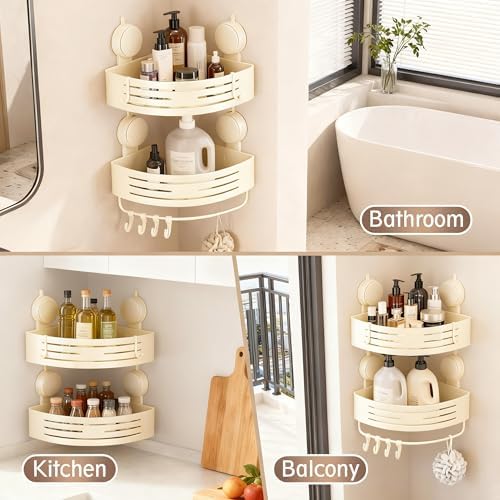 Corner Shower Caddy Bathroom Organizer(2-Pack Cream White),No-Drilling Aluminum Suction Cup Corner Shower Shelf with Towel Bar & Hooks,Detachable and Reusable Bathroom and Kitchen Storage