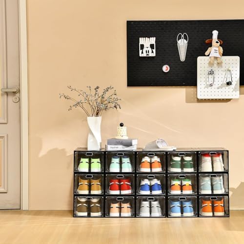 INSTY 12 Pack Large Shoe Storage Box, Clear Shoe Storage Organizer with Magnetic Door, Stackable,Shoe Containers For Display Sneakers, Easy Assembly, Fit up to US Size 12, Transparent