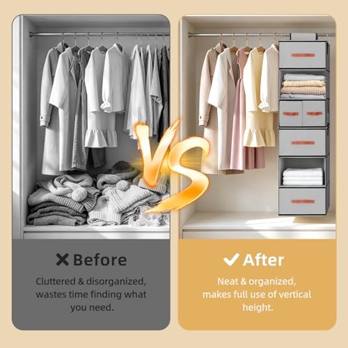 Hanging Closet Organizer 6-Shelf, Upgrade Closet Organizers and Storage with 5 Removable Drawers & 4 Side Pockets, Hanging Shelf Organizer for Bedroom or Garment Rack, 12.6'' x 12.6'' x 44.1'', Gray