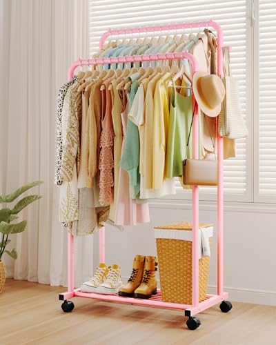 Sakugi Double Rod Clothes Rack Mesh Shelf & Hooks, 28.7x16.5x59.1, Pink