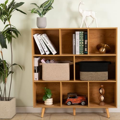 OIAHOMY Woven Storage Basket for Shelves, Rectangle Cotton Rope Baskets for Organizing, 13 x 10 x 9 in, Storage Bins for Dog Toys,Towel,Books,Gift,Brown