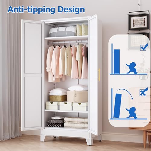 GAIOUS Metal Wardrobe Cabinet with Mirror and Hanging Rod, 71" White
