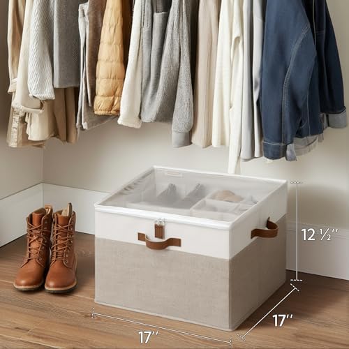 StorageWorks 16-Pair Fabric Shoe Storage Box for Closet, Brown and White | Adjustable Dividers, Holds up to 16 Pairs, Foldable, Clear Lid, Soft Handles, Fits Sneakers, Sandals & Flats, For Mudroom