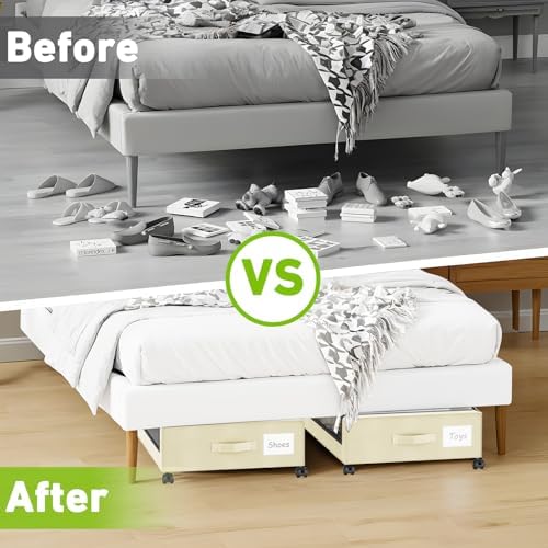 Molutsody Under Bed Storage with Wheels, 2-Pack Underbed Storage Containers with Clear Lids, Under Bed Shoe Storage Organizer, Rolling Under Bed Storage for Clothes Shoes Blankets (Beige)