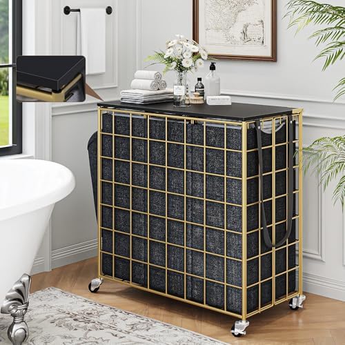 Laundry Basket with Wheels, Heavy Duty Laundry Sorter 3 Sections, 140L (37Gal.) Large Capacity Hamper with Wood Lid, 360 Rolling Wheels, Extra Side Pocket, Leather Pull Handle,Golden+Black