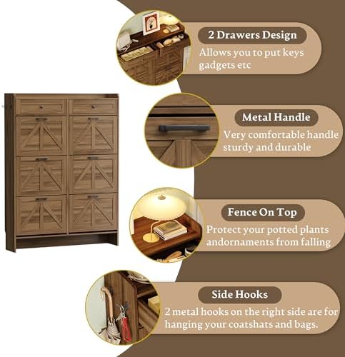 BORNOON Shoe Cabinet for Entryway, Farmhouse Shoe Storage Cabinet with 6 Flip Drawers and 2 Top Drawers, Tall Narrow Shoe Organizer Cabinet with Adjustable Shelves, Side Hooks and Anti-Tip Kit