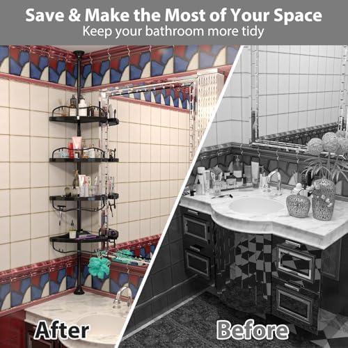 Shower Caddy,Shower Caddy Tension Pole with 4 ABS Baskets,Shower Storage Shelf with 56 to 125 Inch Adjustable Stainless Pole for Bathroom Black