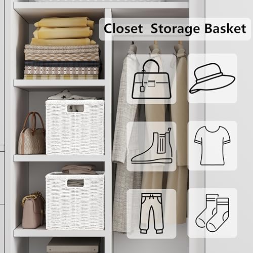 Vagusicc 9 inch Wicker Storage Cubes, Set of 2 Handwoven Wicker Baskets for Storage, Square Cube Organizer Bins, Foldable Paper Rope Storage Baskets for Organizing, White