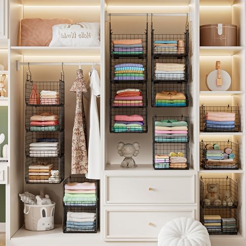 4" Extra Deeper Hanging Closet Organizers and Storage,4 Tier Foldable Wire Cabinet Shelves with 5 S Hooks,Small Metal Basket Bins for Clothes Sweaters Handbags, Wardrobe for Kitchen Laundry Room,Black