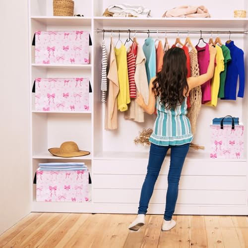 Gift Toy Storage Basket for Girls, Storage Organizer for Nursery Hamper Home Bedroom Laundry Hamper Shelf Baskets Pink Bowknot Pattern