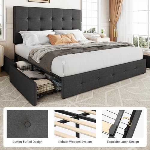 Allewie Queen Size Storage Bed Frame with 4 Underbed Drawers, Dark Grey