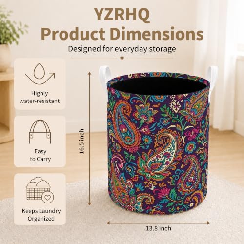 Purple Paisley Laundry Basket, Vintage Boho Colorful Ethnic Mandala Floral Waterproof Laundry Hamper Clothes Toys Storage Organizer Bin for Bathroom Bedroom