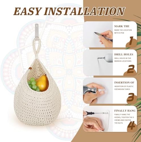 Hanging Fruit Baskets for Kitchen - 6 Pack Boho Wall Hanging Basket,Handwoven Wall Fruits Basket,for Garlic Potato Vegetable Onion Teardrop Home Hanging Storage Baskets(White Classic)