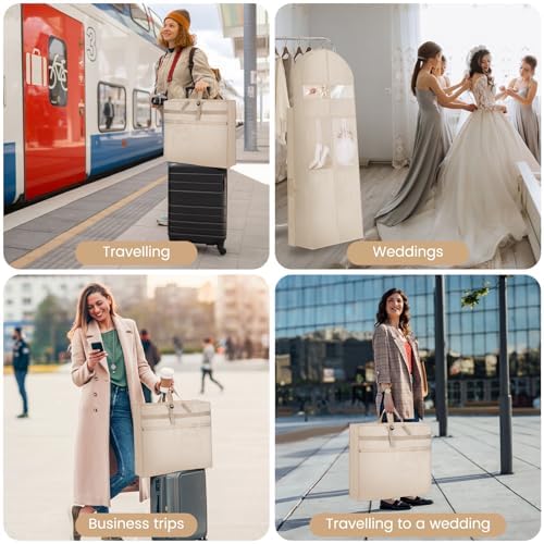 Wedding Dress Garment Bag,72" Tri-Fold Bridal Gown Bag with 12 Pouches and Adjustable Buckle Gown Cover for Wedding/Prom/Travel/Closet Storage (2pcs Beige)