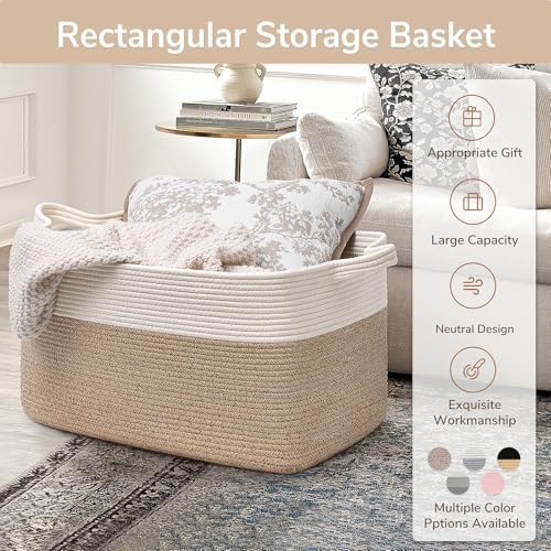 Goodpick Large Woven Rope Blanket Basket, Rectangle, White & Light Brown (Pack of 10)