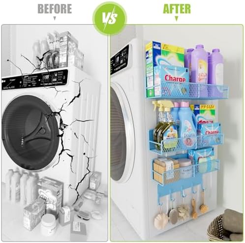 4 Pack Magnetic Shelves for Washing Machine, Heavy-Duty Magnetic Laundry Organizer with Hooks, Washing Machine Shelf for Refrigerator, Metal Storage Baskets, Closet & Laundry Room Organization (Blue)