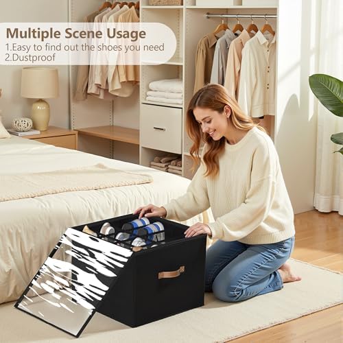 Vincona Shoe Organizer for Closet, 2 Pack Foldable Shoe Storage Bins with Clear Cover & Handles, 16-Compartment Shoe Box for Sneakers, Heels, Boots, Space-Saving Shoe Rack for Entryway, Dorm, RV