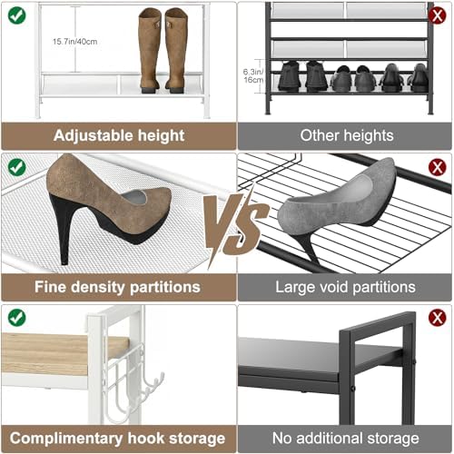 Refrze Shoe Rack for Front Door Entrance, 5 Tier Height-Adjustable Metal Shoe Rack, Sturdy Wooden Top and Tiltable Steel Frame Heavy Duty Shoe Organizer for Bathroom,Bedroom,Kitchen,Include Hook