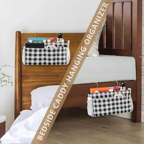 Buffalo Plaid Check Black Print Bedside Caddy Storage Bag Bedside Organizer for Bunk Bed Headboards College Organizer Caddy Hanging Shelf 6 Pockets with Hooks for Drinks Magazine Phone Holder
