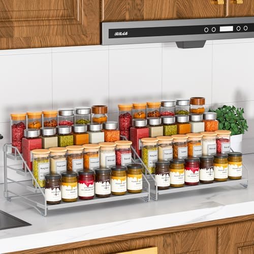 2 Pack Spice Rack Organizer for Cabinet, Depth Adjustable 4 Tier Spice Rack