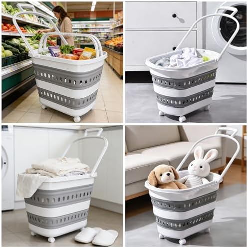 50L Collapsible Plastic Laundry Basket Hamper with Wheels, Foldable Laundry Basket with Handles, Pop Up Storage Container Organizer for Washing Storage