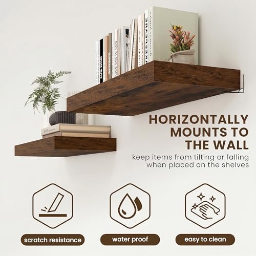 FLYJOE 32 Inch Floating Shelves, 12'' Deep Brown Shelves for Wall Set of 2