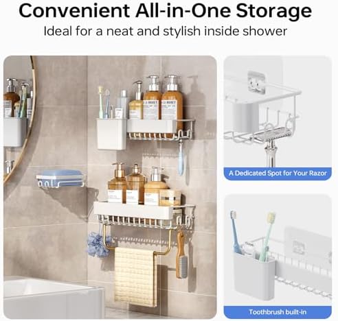 KINGRACK Shower Caddy Adhesive 4-Piece Rust-Resistant Shower Shelves, No-Drill Bathroom Shower Organizer with Large Capacity for Bathroom, Kitchen, and Laundry,White