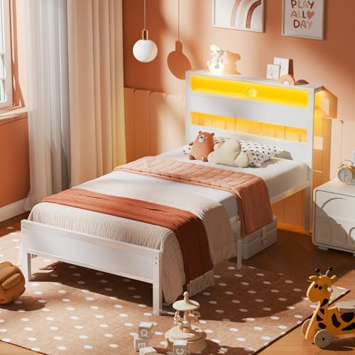 Furnulem Twin Bed Frames with Storage Headboard, Charger & RGB LED, White