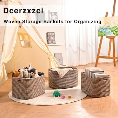 Storage Baskets for Organizing Shelves, Woven Cotton Rope Bins for Organization, Dog Toy Organizer for Shelf Living Room Bedroom, 14.8"×11"×9.5", Pack of 3, Dark Brown