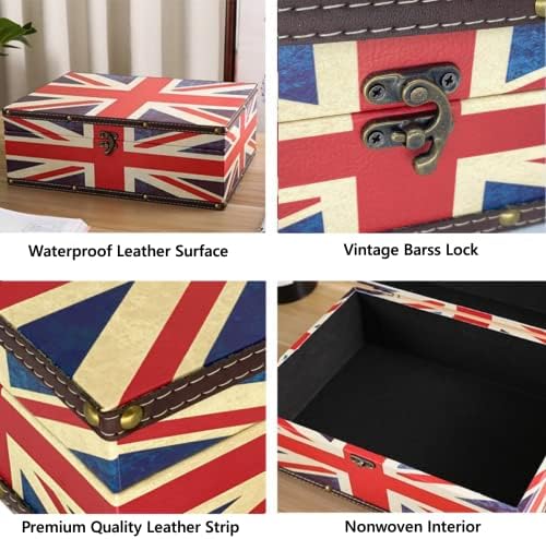 Treasure Box Vintage Wooden + PU Leather Decorative Trinket Jewelry Box Memento Case Box Keepsake Box Gifts For Kids Girls Women Gifts Home Decor (Union Flag,Medium)