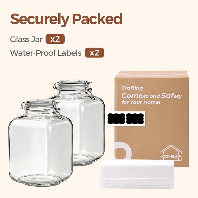 ComSaf Square Glass Pantry Jars with Airtight Lids 1.1 Gallon 2 Pack Large