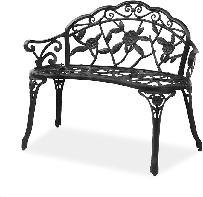 Outvita Patio Garden Bench, 38" Cast Aluminum Outdoor Chair Anti-Rust Weather Resistant Patio Bench Rose Pattern Bench for Front Porch, Backyard, Lawn