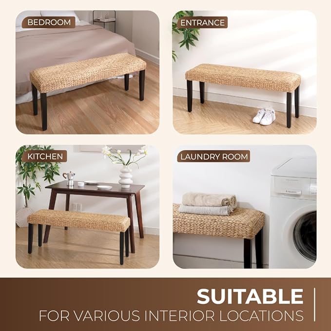 End of Bed Bench for Bedroom, 47" Entryway Bench with Solid Wood Acacia, Water Hyacinth Indoor Bench Seat, Boho Woven Bench for Living Room, Wicker Bench for Hallway or Kitchen, Wood Bench (Black Leg)