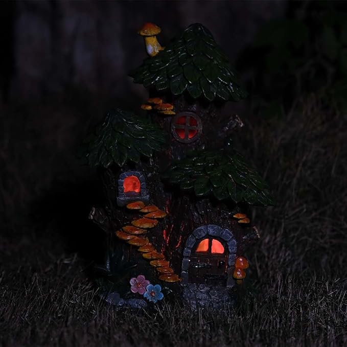 Zayton Solar Garden Treehouse Outdoor Statues Yard Resin Decoration Gift Handmade Housewarming Gift for Patio Yard Lawn Waterproof Cracking