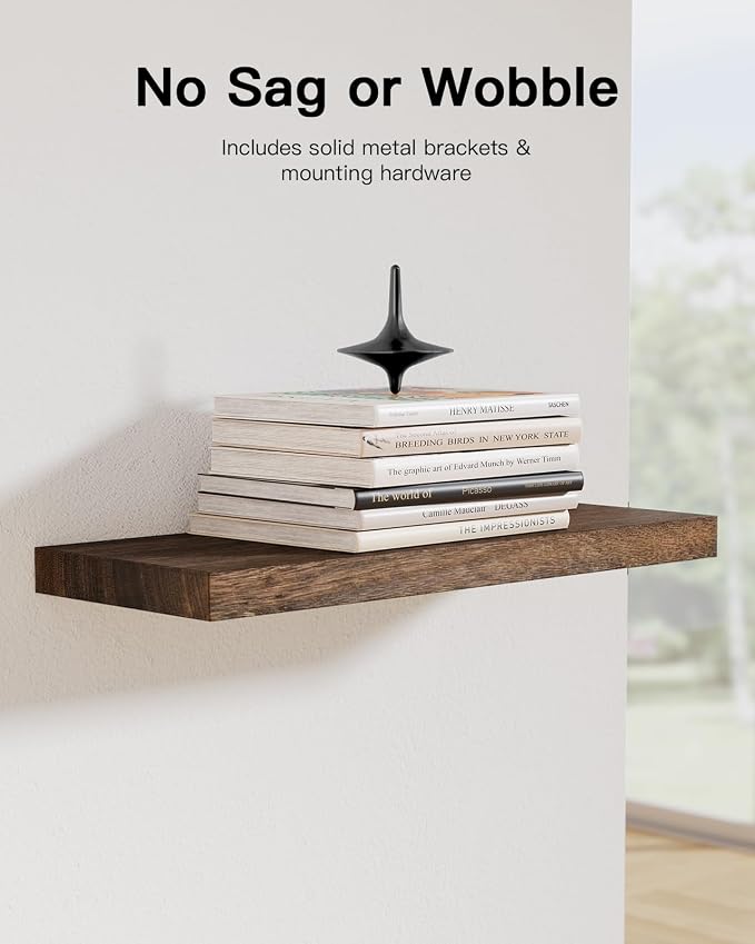 Amada Paulownia Wood Floating Shelves for Wall, Set of 4, Brown | Wall Shelves with Solid Metal Concealed Brackets, 22 lbs Capacity per Shelf, Includes Drilling Template, Flexible 4-Piece Set