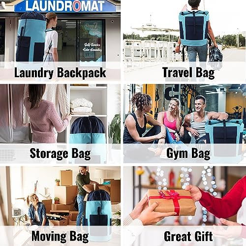 JOINPRO Laundry Bag Backpack, 125L Extra Large Laundry Backpack with Shoulder Straps, Adjustable Extendable Laundry Hamper Bag with 3 Pockets for College, Travel, Camping (Teal)