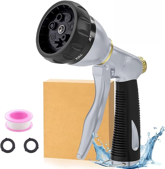 Garden Hose Nozzle Heavy Duty,100% Metal High Pressure Water Hose Sprayer Nozzle with 8 Adjustable Spray Patterns, Non-Slip Grip Hose Sprayer Outdoor for Watering Plants & Lawns, Washing Cars & Pets
