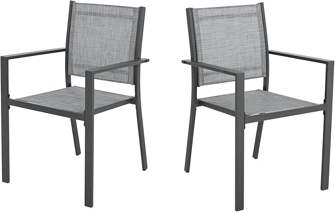 Patio Dining Chairs, All-Weather High-Resilience Textilene Outdoor Dining Chair Set of 2, Heavy-Duty Stackable Minimalist Outdoor Chairs with Armrest, Patio Chairs for Lawn Deck Pool, Grey