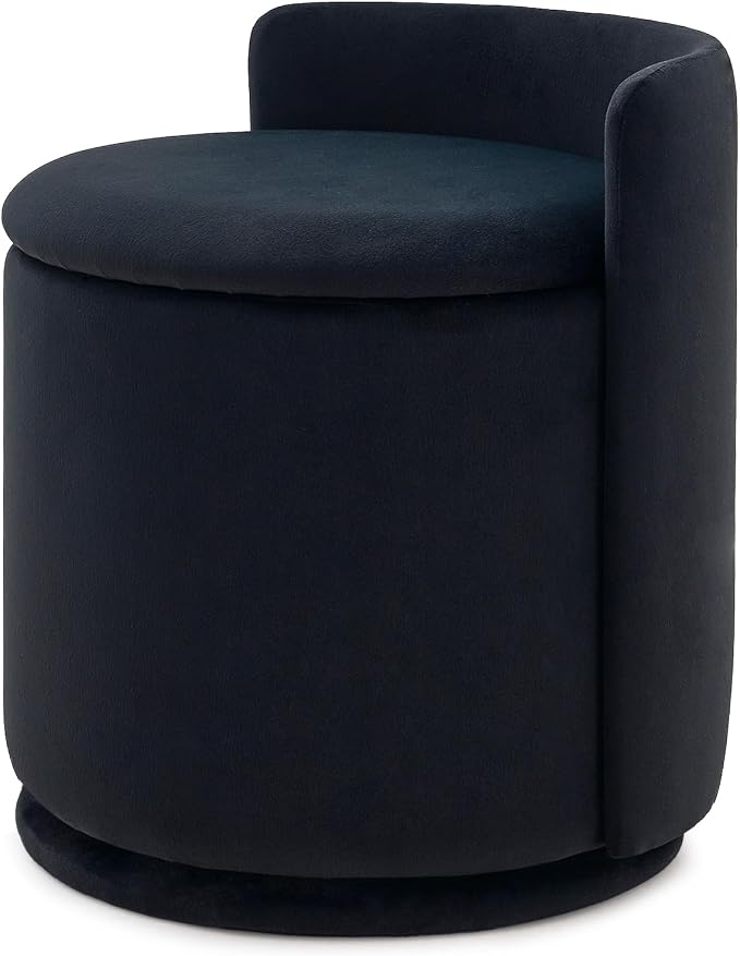 360° Swivel Makeup Chair with Storage, Upholstered Accent Stool with Back, Round Vanity Stool Ottoman for Living Room, Makeup Room, Bedroom (Black)