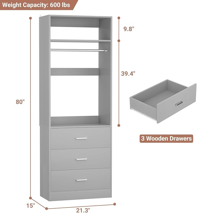 Besiost Freestanding Closet System with 3 Drawers,Wood Closet Organizer