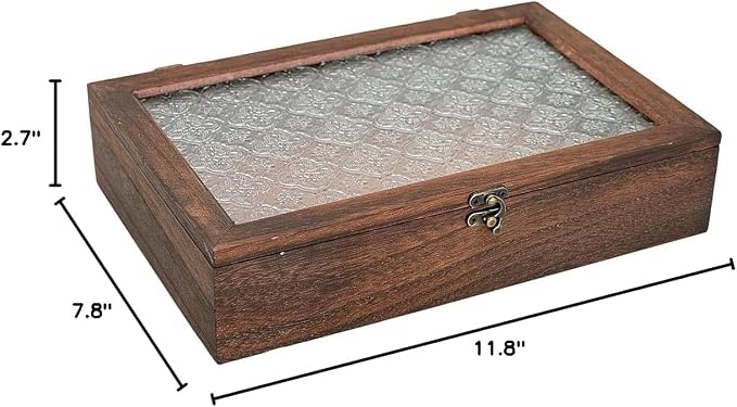 Keepsake Box - Vintage Wooden Decorative Box with Glass Lid for Jewelry, Trinket, Photo & Memory Storage (Large)